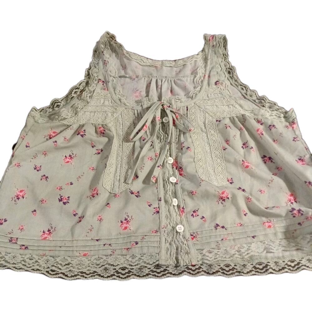 Unbranded Green Floral Cami Top Lace Accents Sz. Med. Cottage Fairy